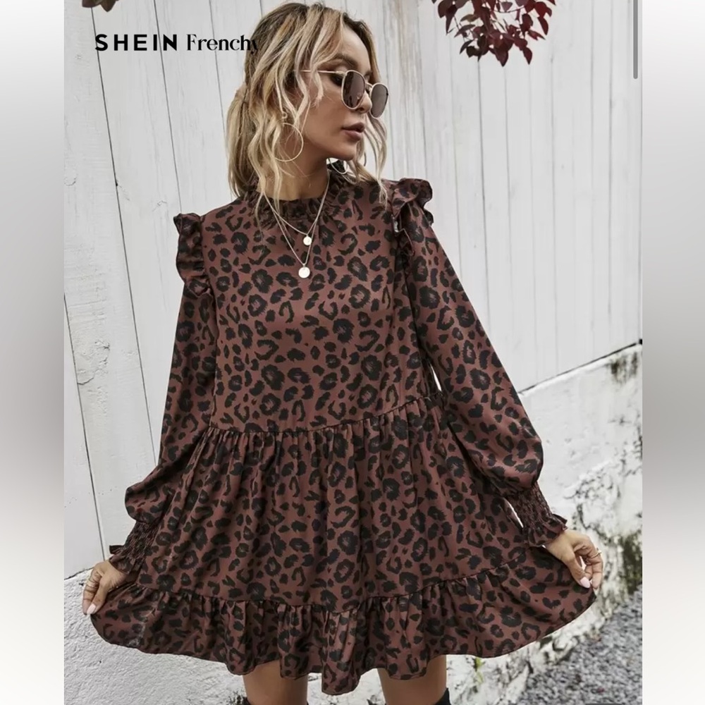 SHEIN Frenchy Allover Print Frill Mock Neck Babydoll Dress Casual